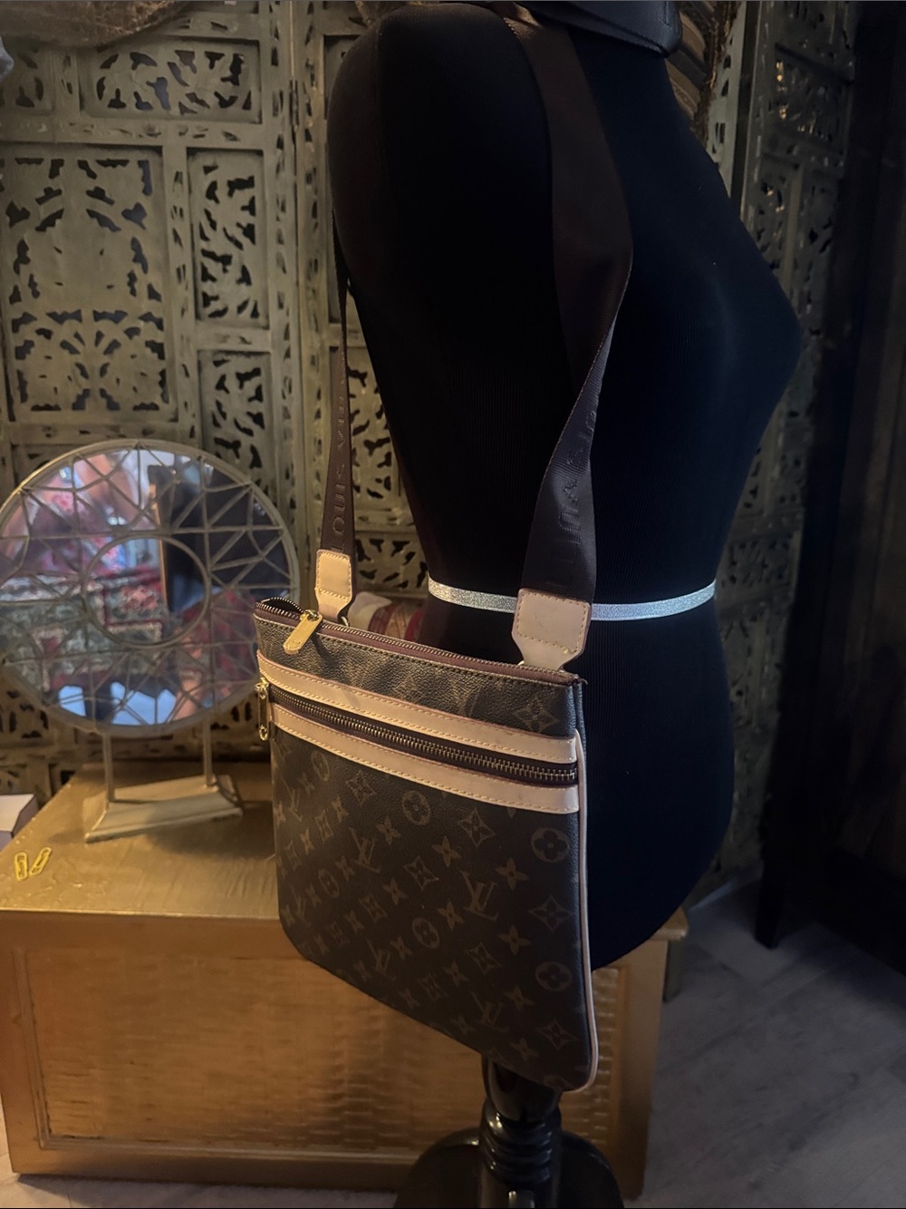 Luxury Monogram Crossbody Bag in Dark Brown with Beige Trim